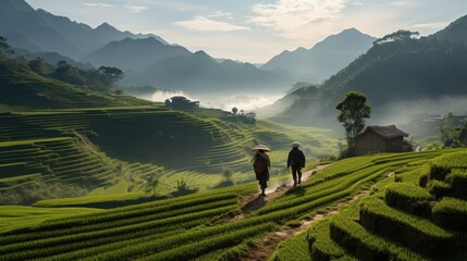 Farmers in Mu Kang Chai village walk on golden rice terraces in northern Vietnam. - obrazy, fototapety, plakaty