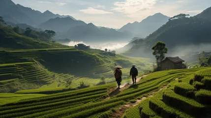 Fotobehang Farmers in Mu Kang Chai village walk on golden rice terraces in northern Vietnam. © venusvi