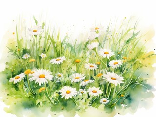 White daisies on a green meadow. Watercolor illustration Generative AI