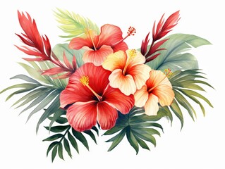 Tropical bouquet with hibiscus flowers and palm leaves. illustration. Generative AI