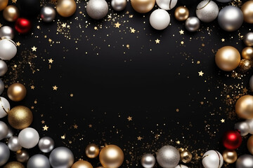 Christmas balls on a dark background. top view. copy space in the center of the frame