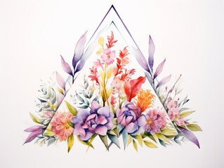 Watercolor frame with flowers, leaves and geometric shapes on white background Generative AI