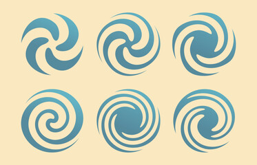 Set of abstract swirl symbol shapes. Vector logo ideas with blue waves and round vortex. Geometric spiral icons and emblems.