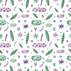 Seamless pattern with leaves, stars and various elements on a white background. Watercolor illustration. Flowers. Succulents. Natural. Print on fabric and paper. Wallpaper. Decorative. Art. Design. 