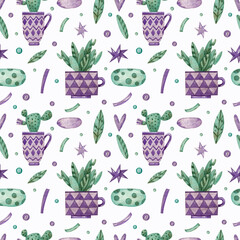Seamless pattern with plants, cacti, leaves and stars in purple cups on a white background. Watercolor illustration. Flowers. Succulents. Natural. Print on fabric and paper. Wallpaper. Decorative. 