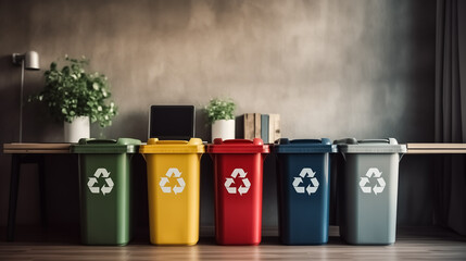 Eco-friendly office with plants and recycle bins.
Eco space, growth, motivation.