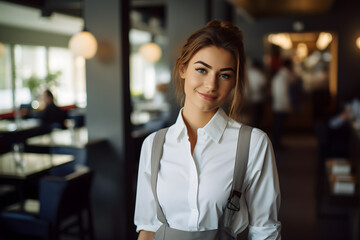 A portrait of a smiling young woman waitress in uniform inside a modern, stylish and bright restaurant, generated ai