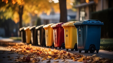 Eco-Friendly Recycled Plastic Outdoor Dustbins. Colorful plastic bins for different waste types - obrazy, fototapety, plakaty