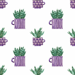 Seamless pattern with plants in purple cups on a white background. Watercolor illustration. Flowers. Succulents. Natural. Print on fabric and paper. Wallpaper. Decorative. Art. Design. Handmade work.