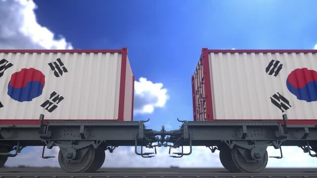 Containers with the flag of South Korea. Railway transportation