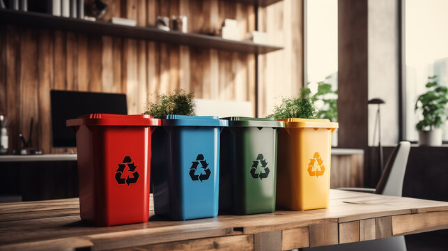 Eco-Friendly Recycled Plastic Indoor Dustbins. Colorful plastic bins for different waste types for the offices.

