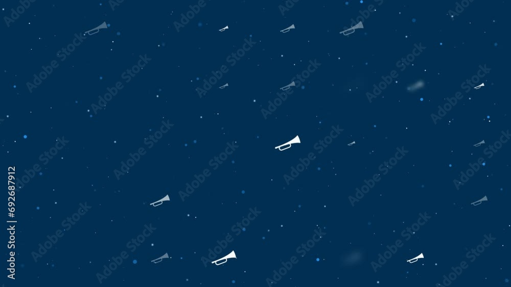 Poster template animation of evenly spaced trumpet symbols of different sizes and opacity. animation of tra