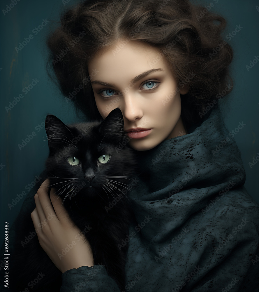 Wall mural A woman with blue eyes and a black cat