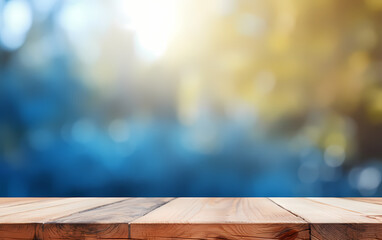 Wood table top on nature blue blurred background