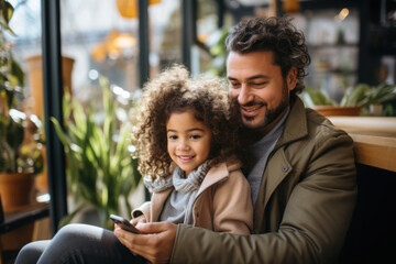 Fototapeta premium Happy father with a young daughter having a video call