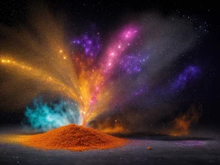 Fotobehang vivid spice explosion UHD perfection captures the moment spices collide mid-air, forming a breathtaking galaxy of colors and textures, with each particle meticulously © zohiab