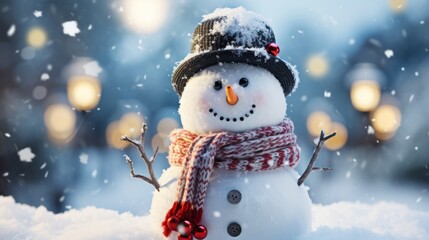Cute snowman on a snowy street as a symbol of the winter holidays, AI