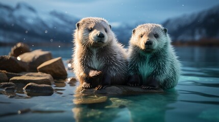 Illustration of a pair of otters playing in the water under the moonlight against a snowy landscape, cute animals in the wild. Banner with copy space
