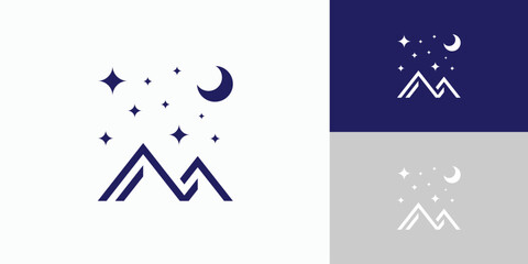 Mountain logo design with moon and stars - obrazy, fototapety, plakaty