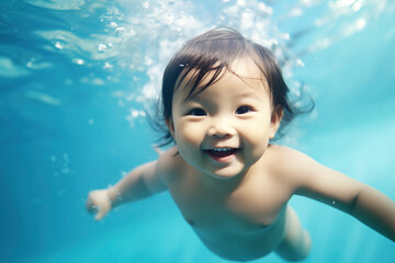 Fototapeta na wymiar Cute asian baby swimming underwater in the swimming pool