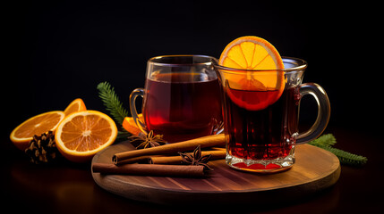 Christmas glass of mulled wine decorated with a cinnamon stick, orange and star anise on a dark background.