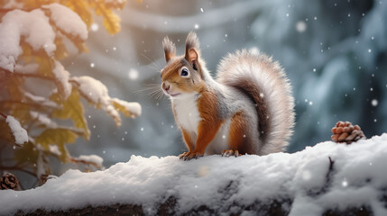 Cute fluffy squirrel sits on a branch in a snowy winter forest.