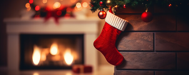 Red Christmas stockings hang on the fireplace. In the background there is a Christmas tree and gifts.