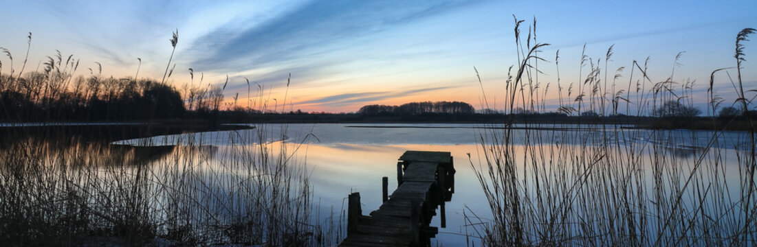 Lake with jetty at dawn in winter, sympathy cards,  condolences card	