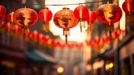 Traditional Chinese street with red lanterns during New Year