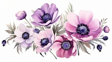 Watercolor anemone flowers. Hand painted illustration on white background Generative AI