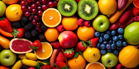 variety of fresh colorful fruits, healthy vegetarian diet