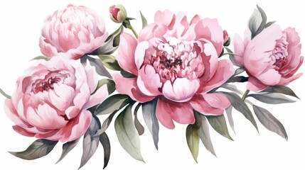 Watercolor illustration of peony flowers. Hand painted floral composition. Generative AI
