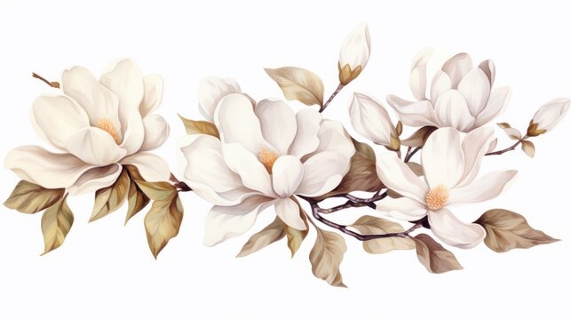 Magnolia flowers on white background. illustration in watercolor style. Generative AI
