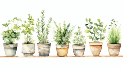 Beautiful vector image with watercolor terracotta pots with herbs Generative AI - obrazy, fototapety, plakaty