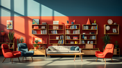 Elementary school library  - vibrant colors - design and decor - natural lighting - sitting area  - sofa 