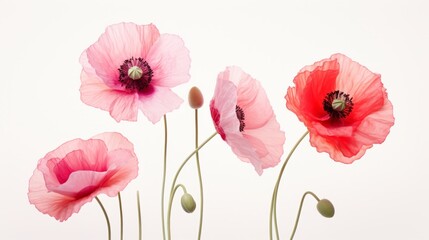 poppy flowers isolated on white background. 3d render illustration. Generative AI - obrazy, fototapety, plakaty