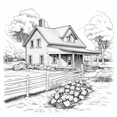 a drawing of a house with a fence and flowers