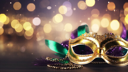 copy space, Gold, purple and green glittery mardi gras mask on shining bokeh city banner. Perfect for carnival, Mardi Gras, party, celebration, and theme-related concepts. Carnival background. - obrazy, fototapety, plakaty