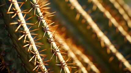 Close-up of sharp needles and ribs on saguaro cactus in sunlight