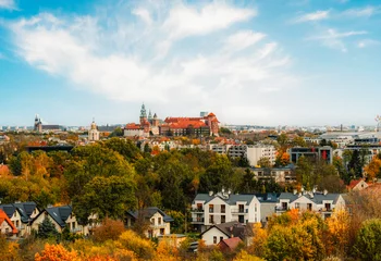 Foto auf Glas Wawel castle and panoramic view of the city Krakow Poland. Landscape on coast river Wisla © alexanderuhrin