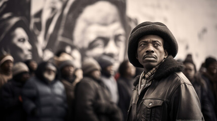 Fototapeta na wymiar Black history: man before mural, history in his eyes