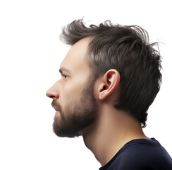 The side profile of a bearded male, looking straight ahead with a serious expression, isolated on transparent background. 