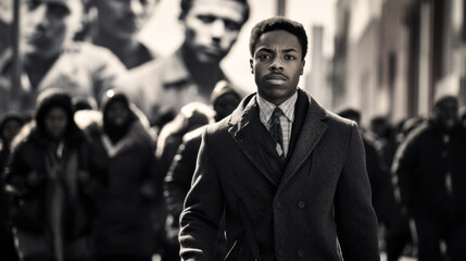 Young man's gaze, black history's echo behind