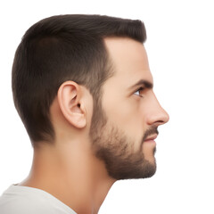 Fototapeta premium A young man with a beard in profile, looking upward, isoalted on transparent background.