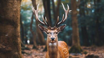 Closeup single sika female deer (Cervus nippon), Japanese deer looking at camera, wild life animals