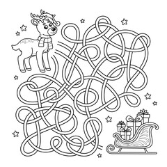 Outline maze educational game for children. Labyrinth puzzle. Help holiday reindeer find road to Christmas sleigh with gifts. New Year activity book for kids. Winter Xmas deer vector illustration.