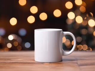 Elegant 11 oz White Mug Mockup with Soft Bokeh Light Background