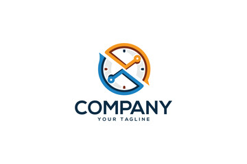 Creative logo design depicting a clock made from circuitry wires, designated to the technology industry.
