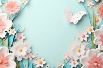 Flowers and butterflies on a blue background in paper cut style, background for Easter, spring, for design