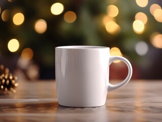 Holiday Magic 11 oz White Mug Mockup with Golden Bokeh and Pinecone